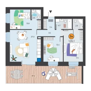 Корней 3к 126,1м²