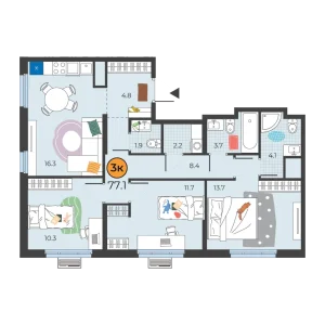 Корней 3к 77,1м²