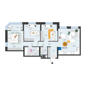 Корней 3к 80,9м²