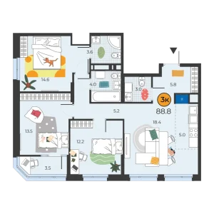 Корней 3к 88,8м²