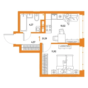 Авторский 1-комнатная 31,29 м²