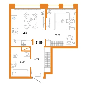 Авторский 1-комнатная 31,89 м²