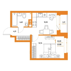 Авторский 1-комнатная 35,09 м²