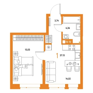 Авторский 1-комнатная 37,15 м²