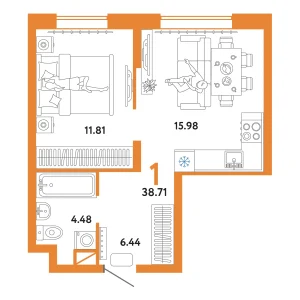 Авторский 1-комнатная 38,71 м²