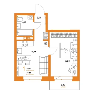 Авторский 1-комнатная 39,74 м²