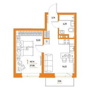 Авторский 1-комнатная 40,14 м²