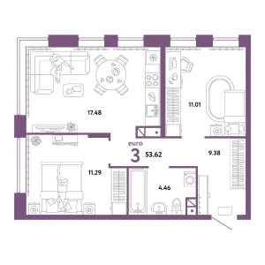 Квартира Евротрешка 53.62м² в ЖК «Авторский» в районе Дом Обороны | Сдача: I кв. 2025 — Центр Новостроек