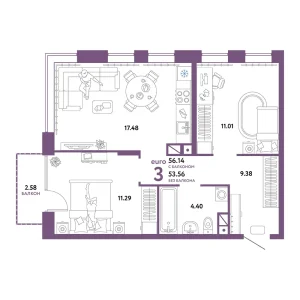 Квартира Евротрешка 56.14м² в ЖК «Авторский» в районе Дом Обороны | Сдача: I кв. 2025 — Центр Новостроек