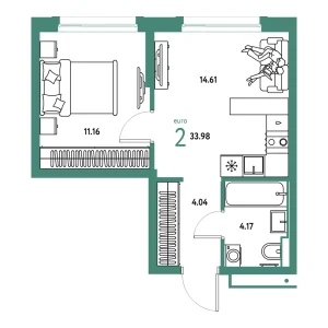 Квартира Евродвушка 33.98м² в ЖК «Авторский» в районе Дом Обороны | Сдача: I кв. 2026 — Центр Новостроек