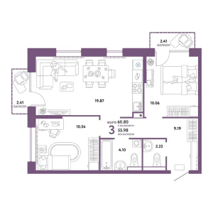 Квартира Евротрешка 60.80м² в ЖК «Домашний» в районе Плеханово | Сдача: I кв. 2026 — Центр Новостроек