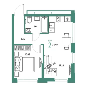 Квартира Евродвушка 36.49м² в ЖК «Домашний» в районе Плеханово | Сдача: IV кв. 2026 — Центр Новостроек