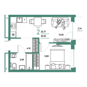 Квартира Евродвушка 35.77м² в ЖК «Домашний» в районе Плеханово | Сдача: IV кв. 2026 — Центр Новостроек