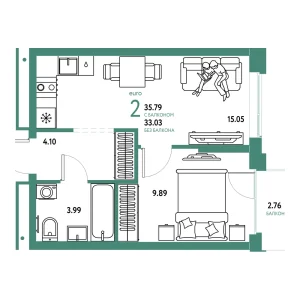 Квартира Евродвушка 35.79м² в ЖК «Домашний» в районе Плеханово | Сдача: IV кв. 2026 — Центр Новостроек