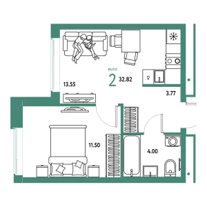 Квартира Евродвушка 32.82м² в ЖК «Домашний» в районе Плеханово | Сдача: IV кв. 2026 — Центр Новостроек