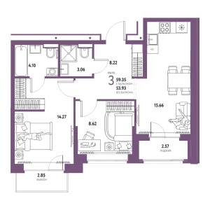 Квартира Евротрешка 59.35м² в ЖК «Домашний» в районе Плеханово | Сдача: I кв. 2026 — Центр Новостроек