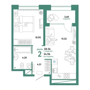 Квартира Евродвушка 38.56м² в ЖК «Домашний» в районе Плеханово | Сдача: IV кв. 2024 — Центр Новостроек