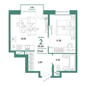 Квартира Евродвушка 39.04м² в ЖК «Домашний» в районе Плеханово | Сдача: IV кв. 2024 — Центр Новостроек