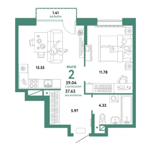 Квартира Евродвушка 39.04м² в ЖК «Домашний» в районе Плеханово | Сдача: IV кв. 2024 — Центр Новостроек