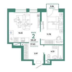 Квартира Евродвушка 38.49м² в ЖК «Домашний» в районе Плеханово | Сдача: IV кв. 2024 — Центр Новостроек