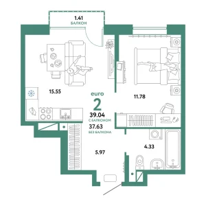 Квартира Евродвушка 39.04м² в ЖК «Домашний» в районе Плеханово | Сдача: IV кв. 2024 — Центр Новостроек