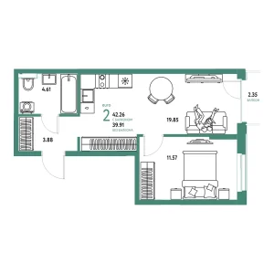 Квартира Евродвушка 42.26м² в ЖК «Домашний» в районе Плеханово | Сдача: II кв. 2028 — Центр Новостроек