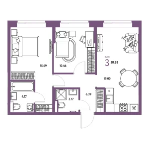 Квартира Евротрешка 58.88м² в ЖК «Домашний» в районе Плеханово | Сдача: II кв. 2028 — Центр Новостроек