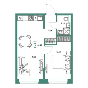 Квартира Евродвушка 41.41м² в ЖК «Домашний» в районе Плеханово | Сдача: II кв. 2028 — Центр Новостроек
