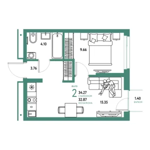 Квартира Евродвушка 34.27м² в ЖК «Домашний» в районе Плеханово | Сдача: IV кв. 2026 — Центр Новостроек