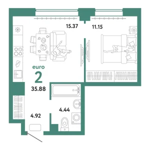 Квартира Евродвушка 35.88м² в ЖК «Домашний» в районе Плеханово | Сдача: I кв. 2025 — Центр Новостроек