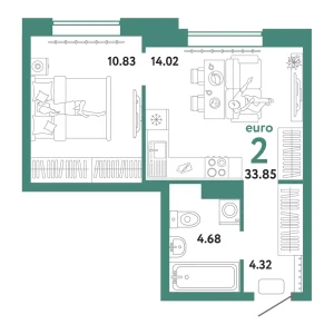 Квартира Евродвушка 33.79м² в ЖК «Домашний» в районе Плеханово | Сдача: I кв. 2025 — Центр Новостроек