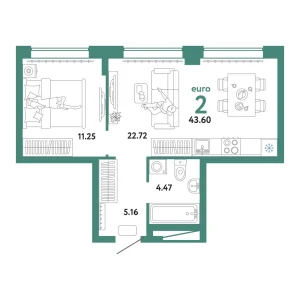 Квартира Евродвушка 43.60м² в ЖК «Домашний» в районе Плеханово | Сдача: I кв. 2025 — Центр Новостроек