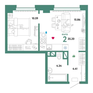 Квартира Евродвушка 35.20м² в ЖК «Домашний» в районе Плеханово | Сдача: IV кв. 2024 — Центр Новостроек
