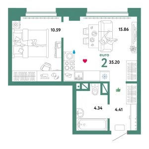 Квартира Евродвушка 35.20м² в ЖК «Домашний» в районе Плеханово | Сдача: IV кв. 2024 — Центр Новостроек