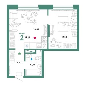 Квартира Евродвушка 37.21м² в ЖК «Домашний» в районе Плеханово | Сдача: IV кв. 2024 — Центр Новостроек