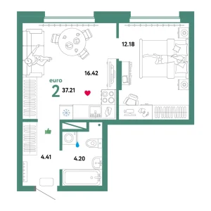 Квартира Евродвушка 37.21м² в ЖК «Домашний» в районе Плеханово | Сдача: IV кв. 2024 — Центр Новостроек