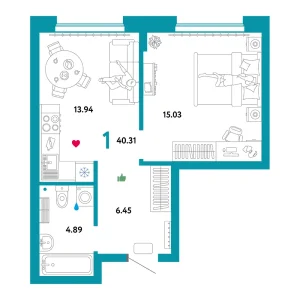 Квартира 1-комнатная 40.31м² в ЖК «Домашний» в районе Плеханово | Сдача: IV кв. 2024 — Центр Новостроек