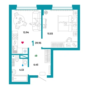 Квартира 1-комнатная 39.95м² в ЖК «Домашний» в районе Плеханово | Сдача: IV кв. 2024 — Центр Новостроек
