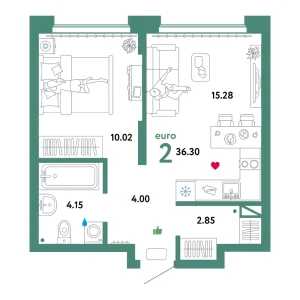 Квартира Евродвушка 36.30м² в ЖК «Домашний» в районе Плеханово | Сдача: IV кв. 2024 — Центр Новостроек