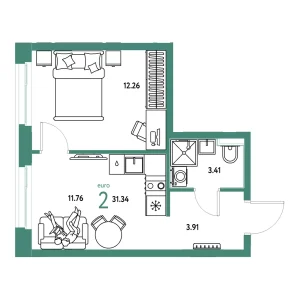 Квартира Евродвушка 31.34м² в ЖК «Домашний» в районе Плеханово | Сдача: IV кв. 2027 — Центр Новостроек