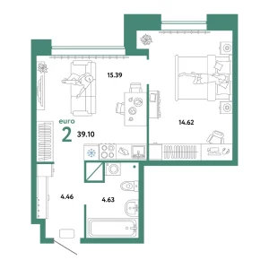 Квартира Евродвушка 39.10м² в ЖК «Домашний» в районе Плеханово | Сдача: I кв. 2025 — Центр Новостроек