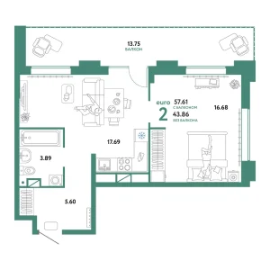 Квартира Евродвушка 57.61м² в ЖК «Домашний» в районе Плеханово | Сдача: I кв. 2025 — Центр Новостроек