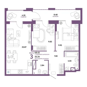 Квартира Евротрешка 68.02м² в ЖК «Домашний» в районе Плеханово | Сдача: I кв. 2025 — Центр Новостроек
