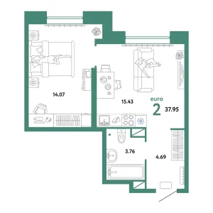 Квартира Евродвушка 37.95м² в ЖК «Домашний» в районе Плеханово | Сдача: I кв. 2025 — Центр Новостроек