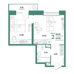 Квартира Евродвушка 38.30м² в ЖК «Домашний» в районе Плеханово | Сдача: I кв. 2025 — Центр Новостроек
