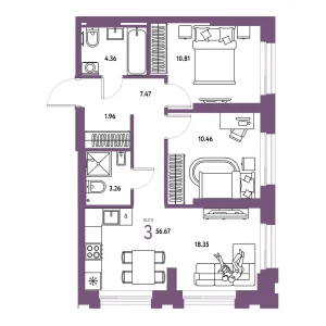 Квартира Евротрешка 56.67м² в ЖК «Европейский берег 2.0» в районе Заречный | Сдача: I кв. 2027 — Центр Новостроек