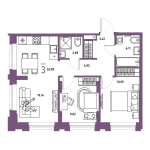 Квартира Евротрешка 53.90м² в ЖК «Европейский берег 2.0» в районе Заречный | Сдача: I кв. 2027 — Центр Новостроек