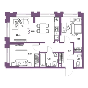 Квартира Евротрешка 55.76м² в ЖК «Европейский берег 2.0» в районе Заречный | Сдача: I кв. 2027 — Центр Новостроек