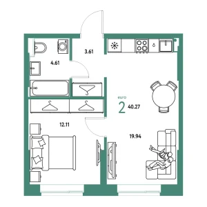 Квартира Евродвушка 40.27м² в ЖК «Европейский берег 2.0» в районе Заречный | Сдача: I кв. 2028 — Центр Новостроек