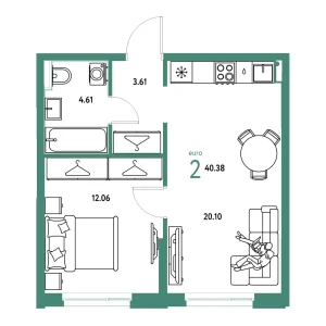 Квартира Евродвушка 40.38м² в ЖК «Европейский берег 2.0» в районе Заречный | Сдача: I кв. 2028 — Центр Новостроек